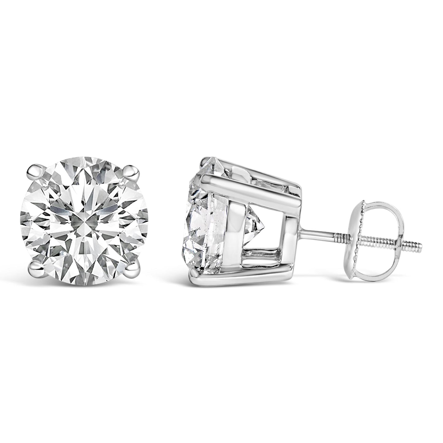 Close-up front and side angle of white metal stud earrings with round white gemstones in 4-prong settings.