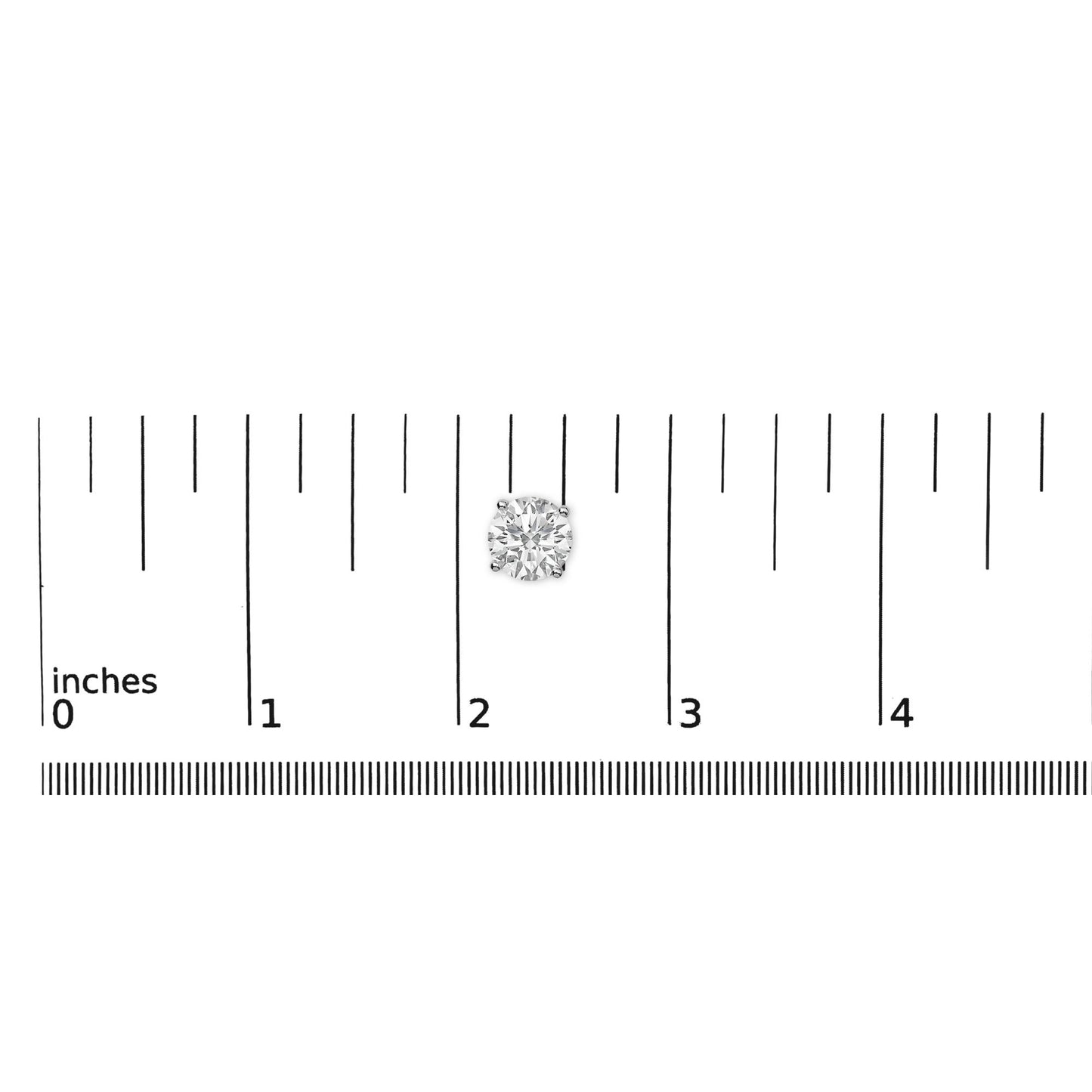 Close-up top view of a single round white gemstone earring set in a four-prong white metal setting, shown on a measurement scale.