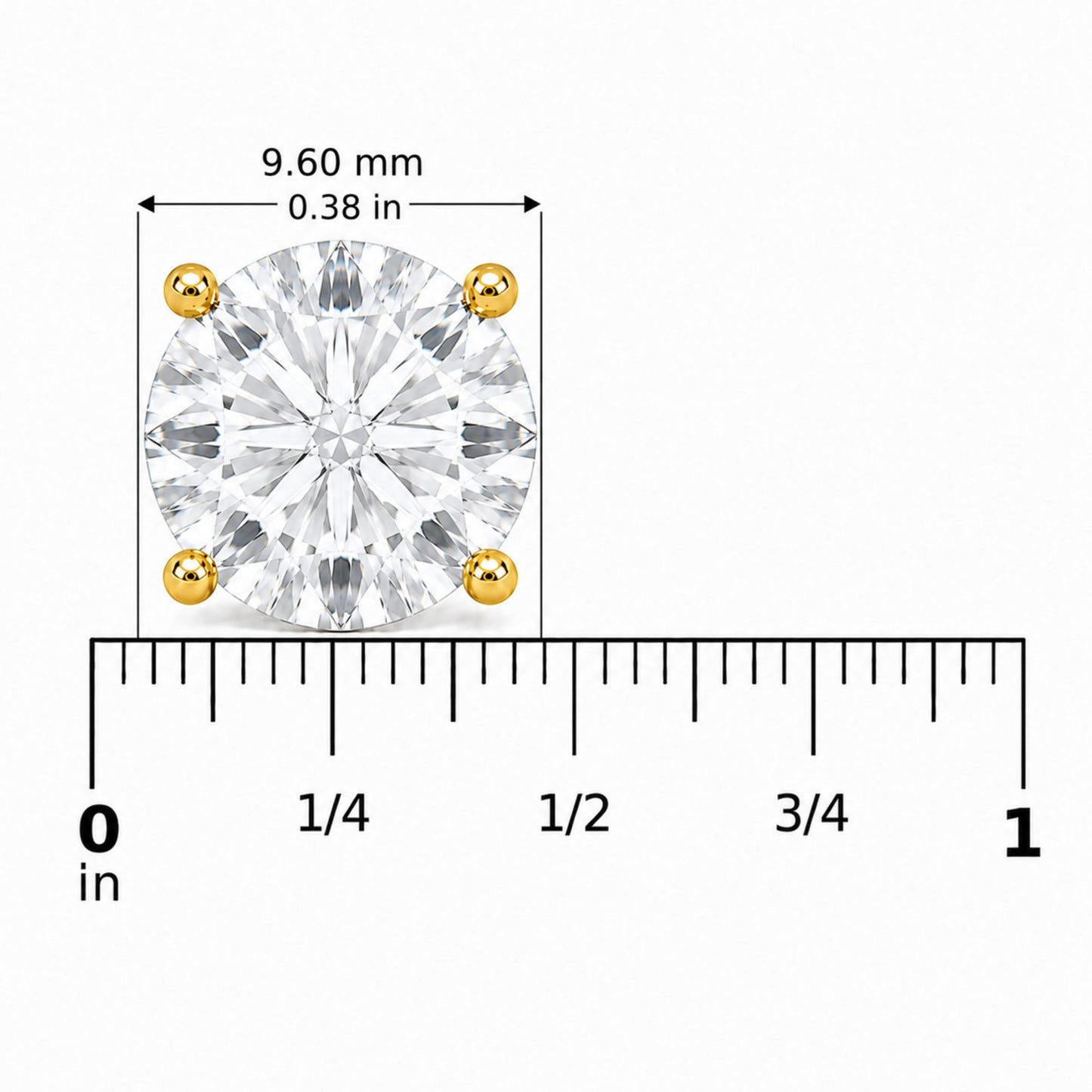 Close-up front view of a round white gemstone earring with four yellow metal prongs, shown on a scale with measurements in inches and millimeters.