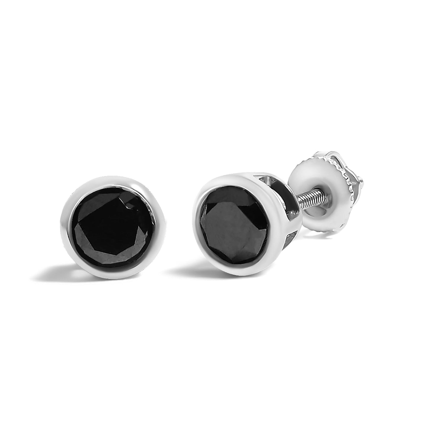 Pair of white metal stud earrings with round black gemstones in bezel settings, shown at a slight angle on a white background.