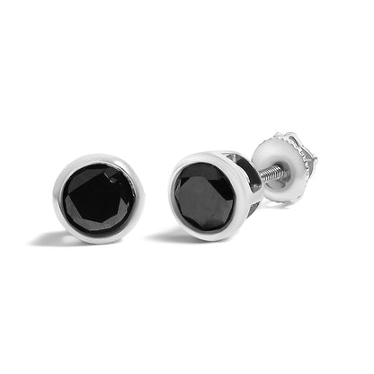 Pair of white metal stud earrings with round black gemstones in bezel settings, shown at a slight angle on a white background.