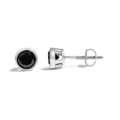 Close-up front and side view of a pair of white metal stud earrings with round black gemstones in bezel settings, shown on a white background.