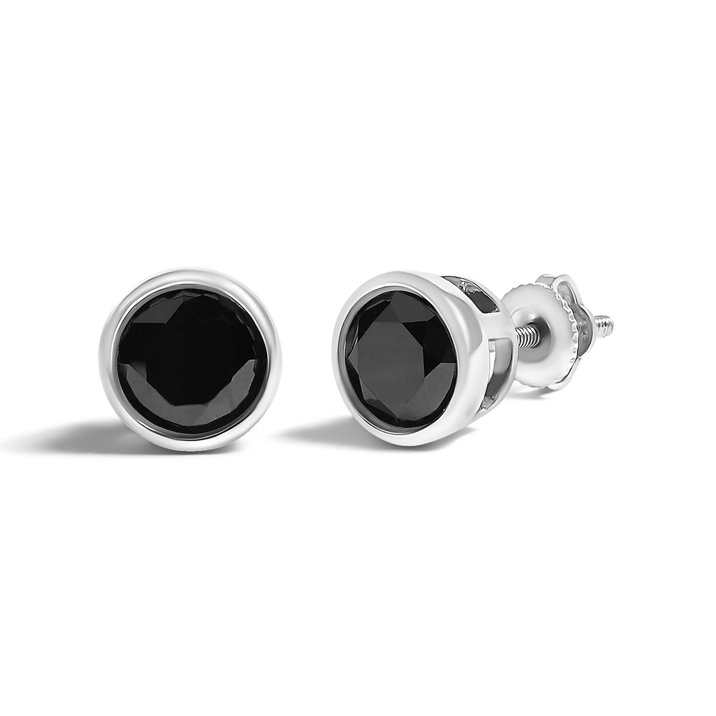 Pair of white metal stud earrings with round black gemstones in bezel settings, shown from a front and side angle on a white background.