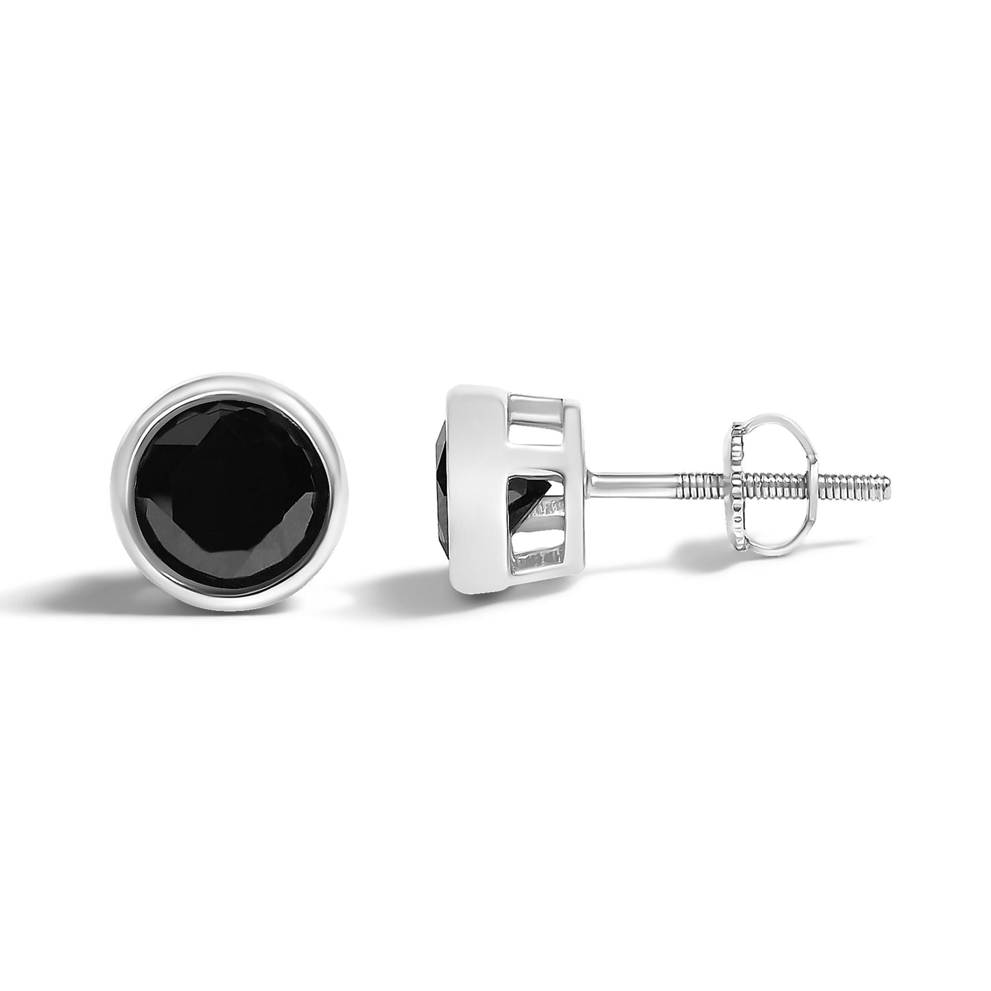 Pair of white metal stud earrings with round black gemstones in bezel settings, shown from front and side angles on a white background.