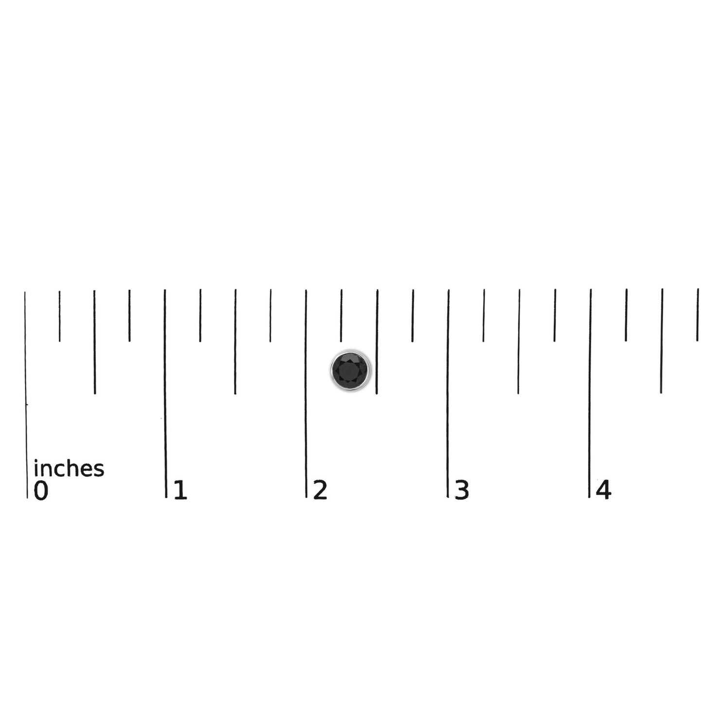 Close-up front view of a single white earring with a round black gemstone in a bezel setting, shown on a ruler scale.