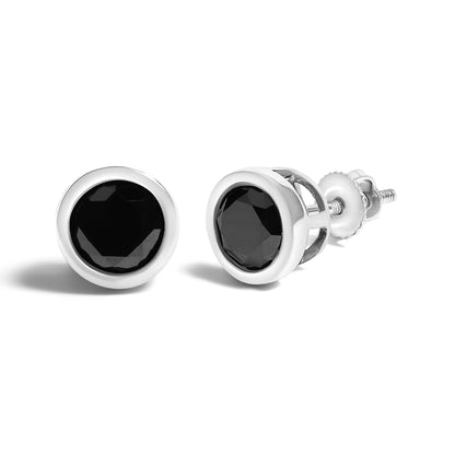 Close-up front and side view of a pair of white metal stud earrings with round black gemstones in bezel settings, shown on a white background.