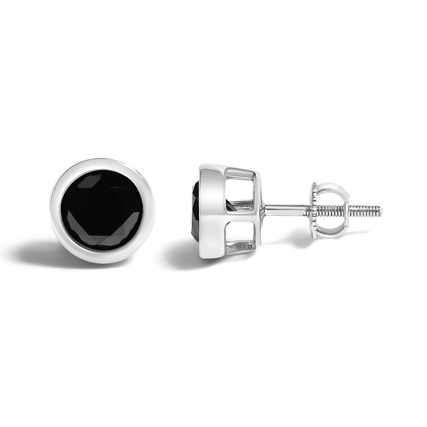 Pair of white metal stud earrings with round black gemstones in bezel settings, shown from front and side angles on a white background.