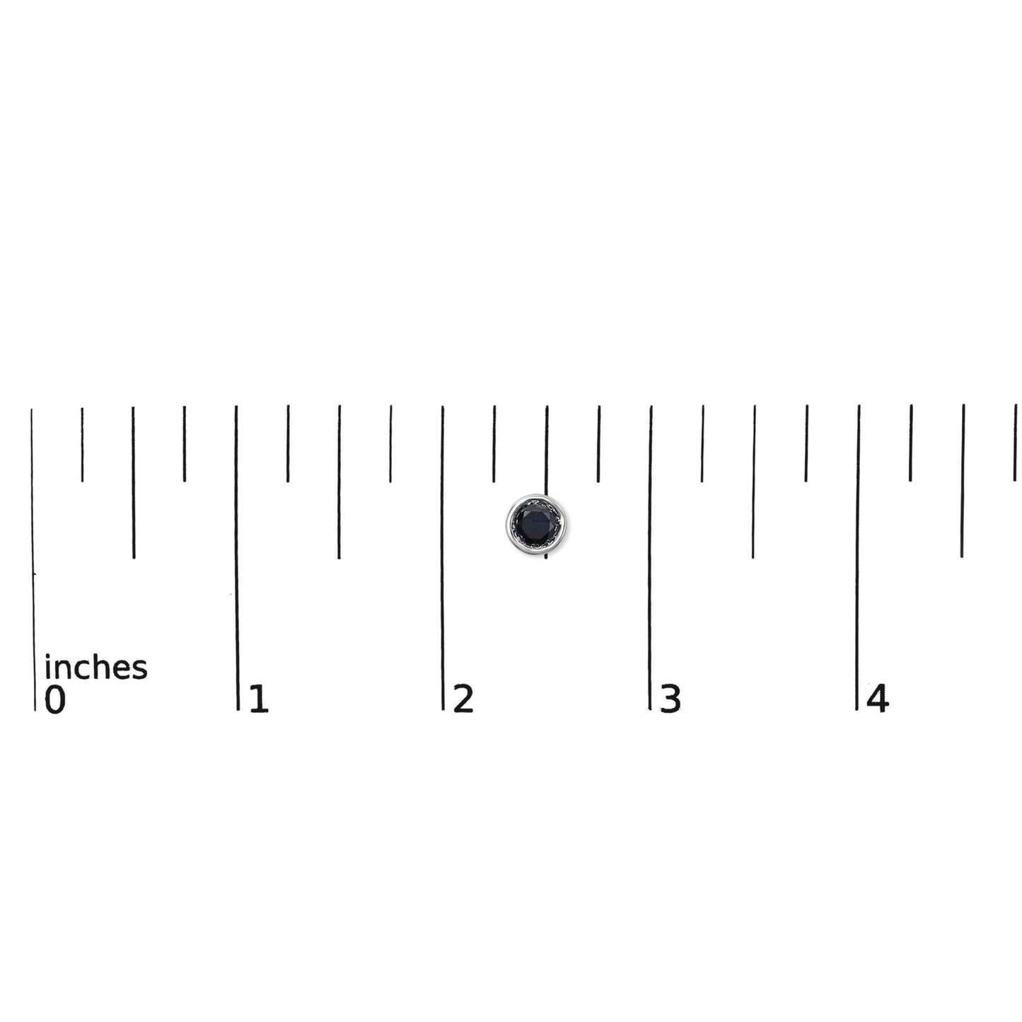 Single white metal round stud earring with black gemstone in bezel setting, shown on a scale from top view.