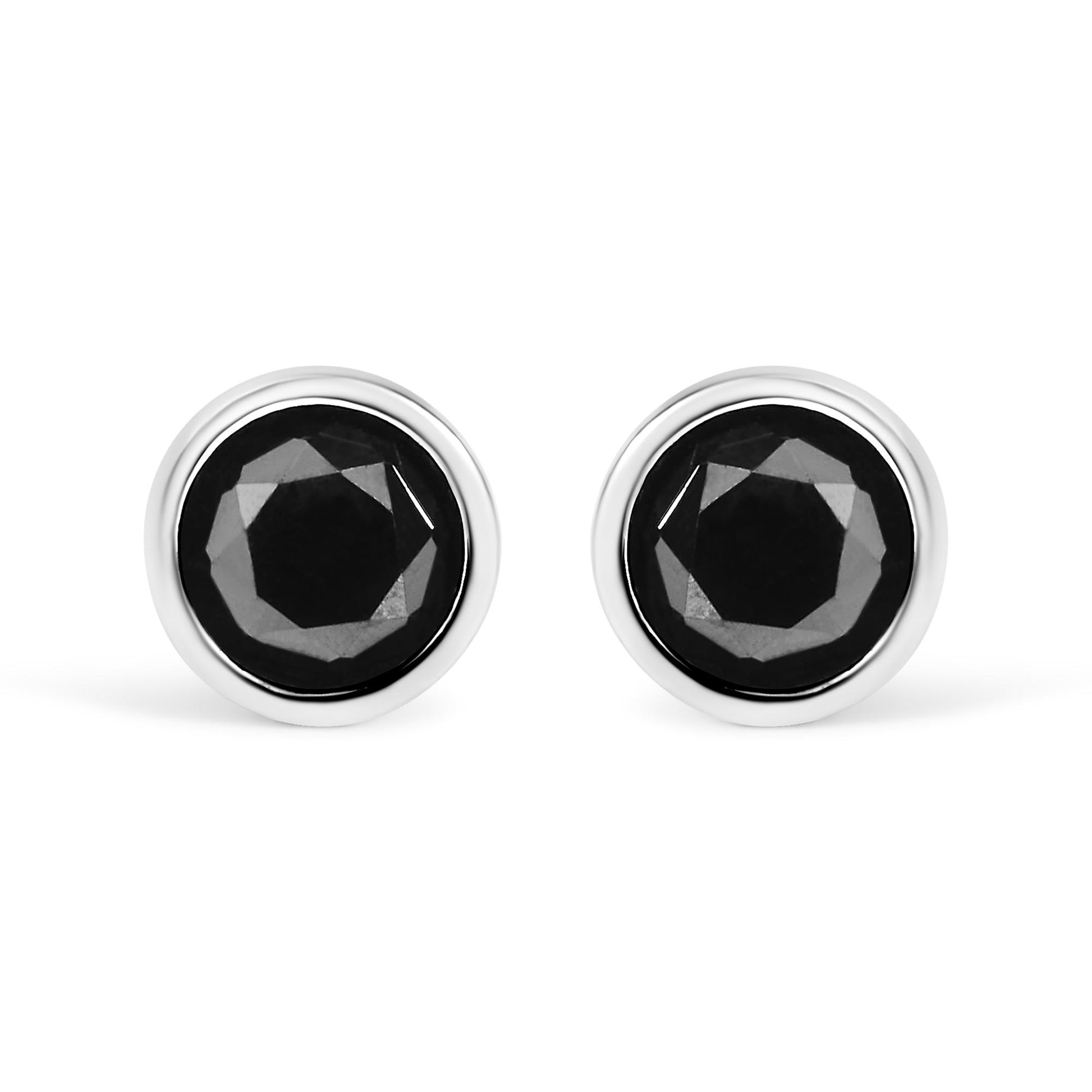 Front view of a pair of white metal stud earrings each featuring a round black gemstone in a bezel setting.