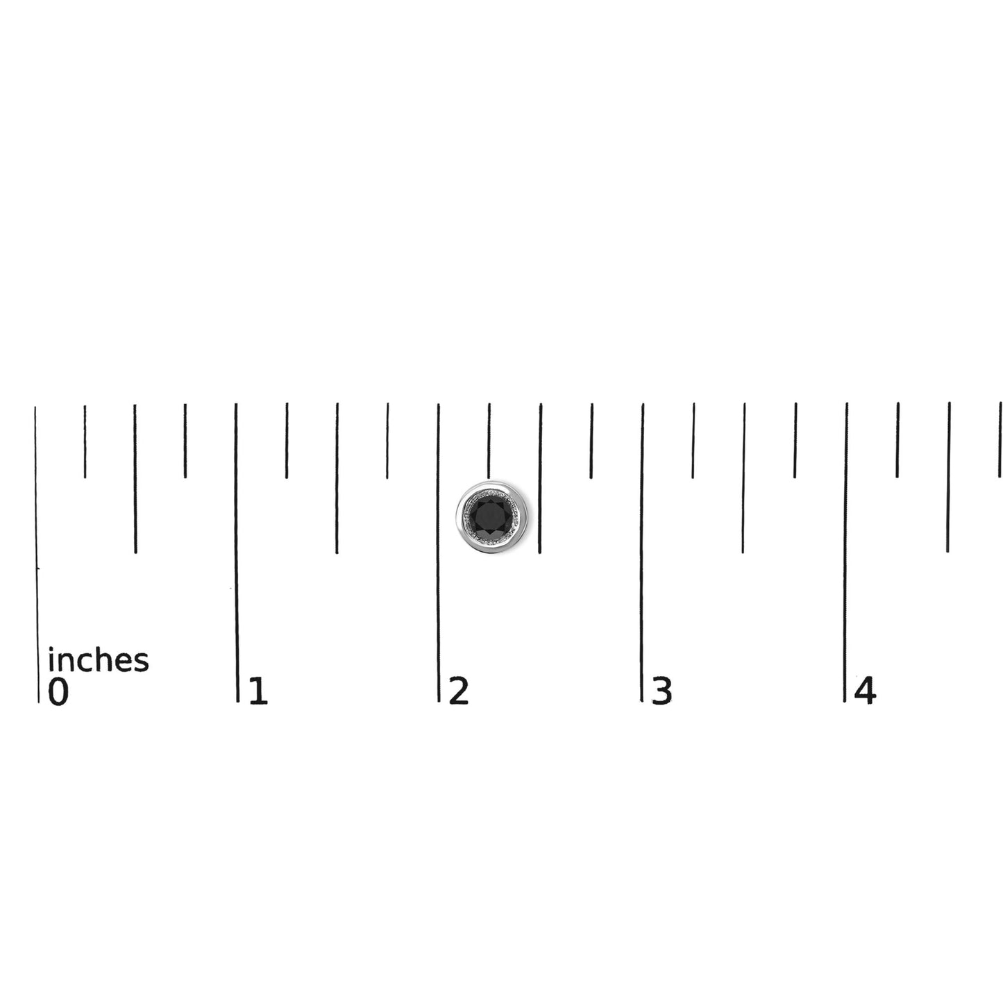 Single white earring with a round black gemstone in a bezel setting, shown on a ruler for scale, photographed from above.