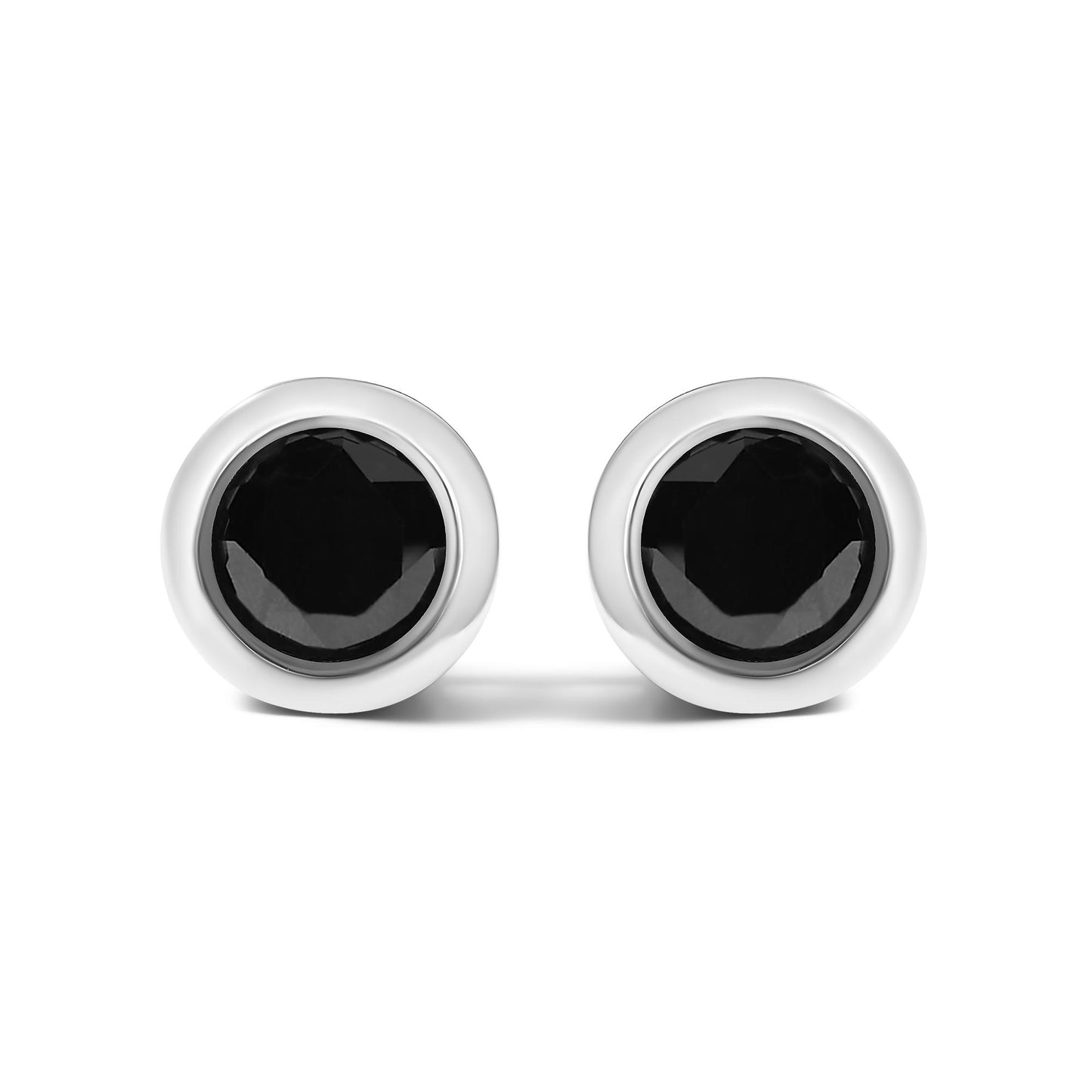 Front view of a pair of white metal stud earrings, each featuring a round black gemstone in a bezel setting.