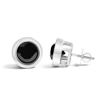 Close-up front and side view of white metal stud earrings with round black gemstones in bezel settings, shown on a white background.