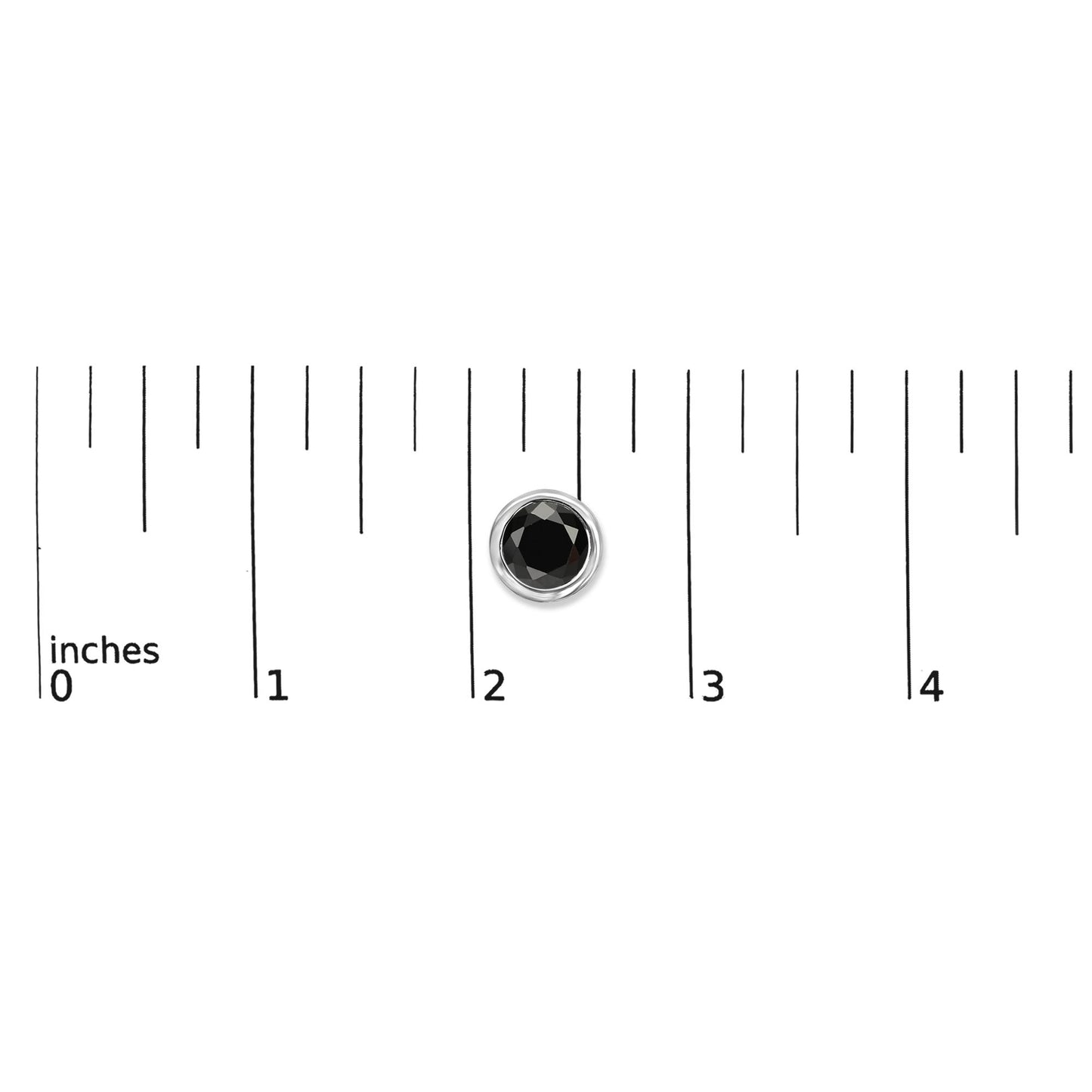 Single white metal earring with a round black gemstone in bezel setting shown on a ruler scale from a top-down angle.