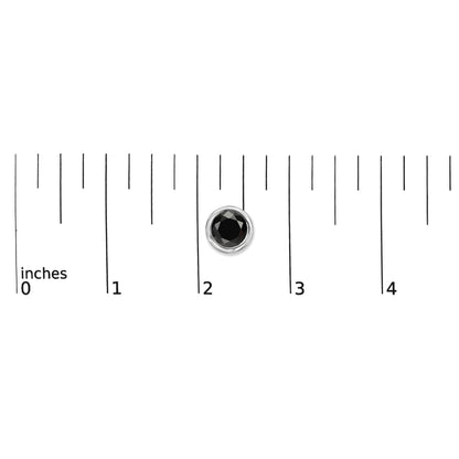 Single white metal earring with a round black gemstone in bezel setting shown on a ruler scale from a top-down angle.