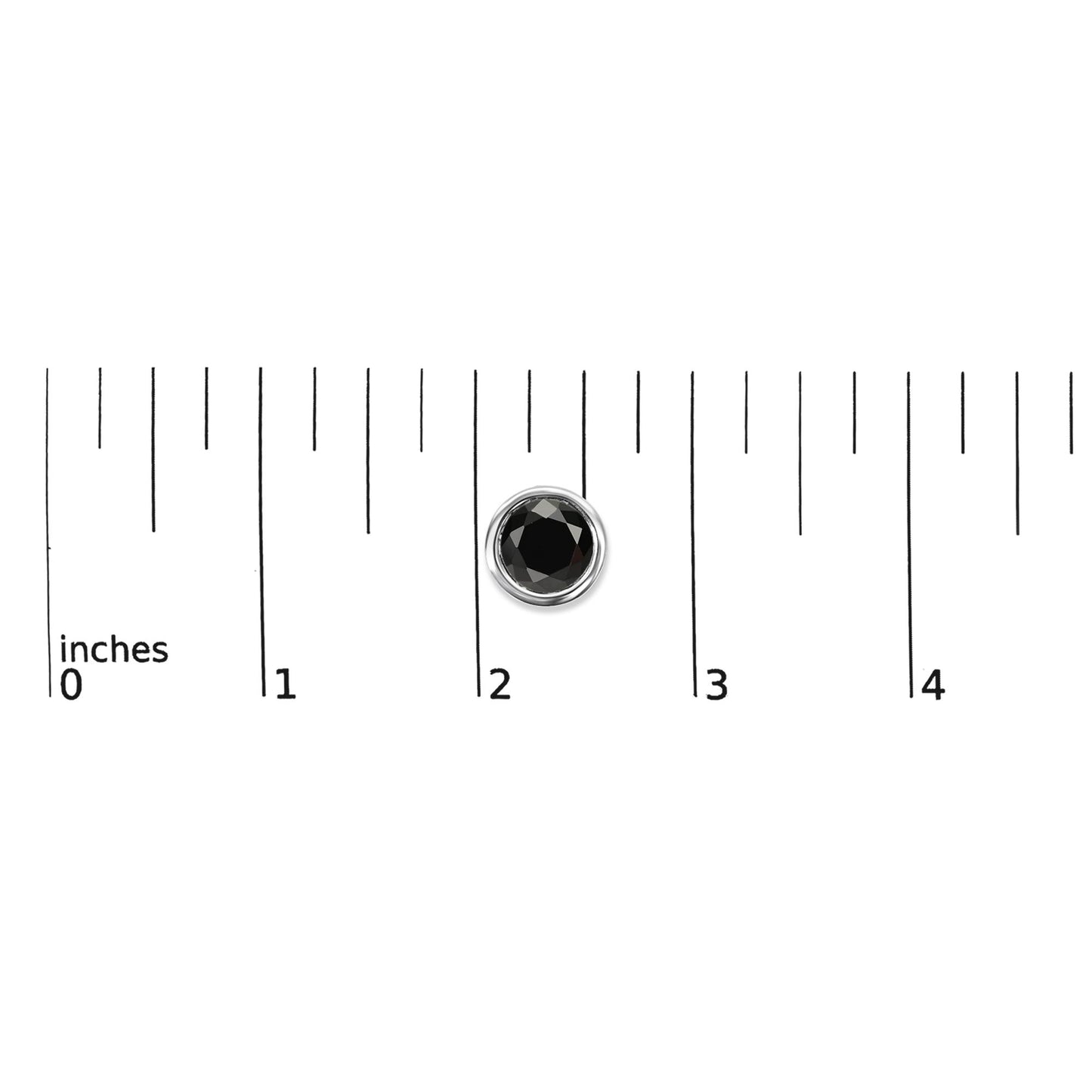 Single white metal earring with round black gemstone in bezel setting, shown on a measurement scale from a top-down angle.