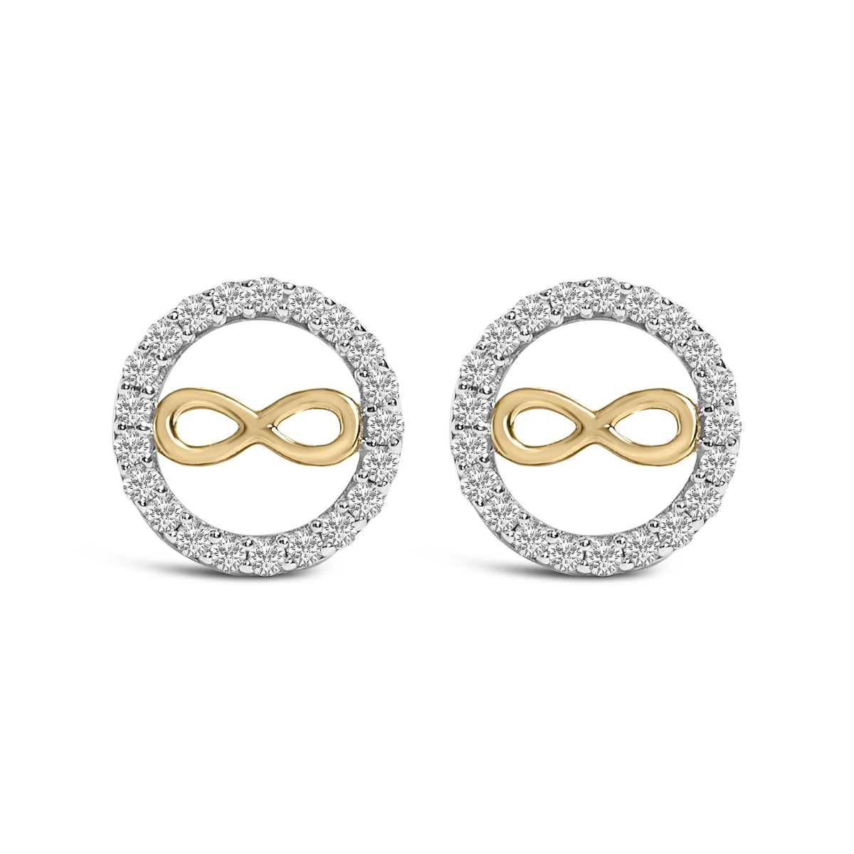 Close-up front view of a pair of yellow metal circular earrings with an infinity symbol in the center, surrounded by a circle of white round gemstones in prong settings.