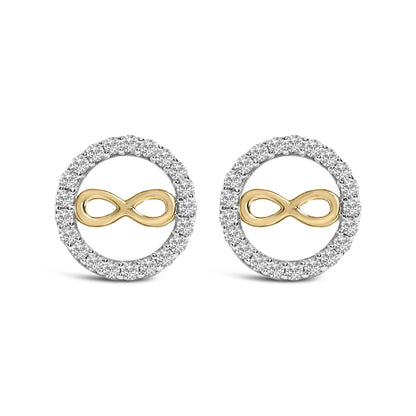 Close-up front view of a pair of yellow metal circular earrings with an infinity symbol in the center, surrounded by a circle of white round gemstones in prong settings.