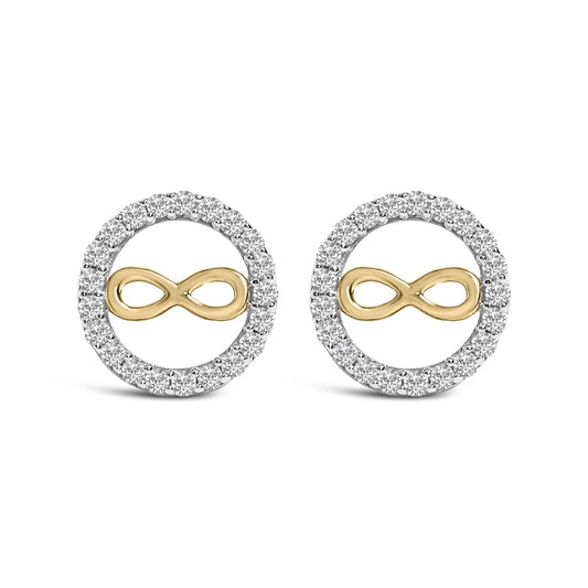 Close-up front view of a pair of yellow metal circular earrings with an infinity symbol in the center, surrounded by a circle of white round gemstones in prong settings.