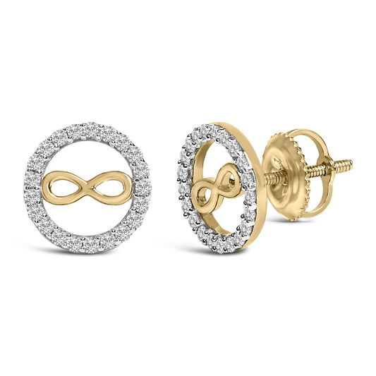 Close-up front and side view of yellow metal earrings with an infinity symbol in the center, surrounded by a circle of prong-set white round gemstones.