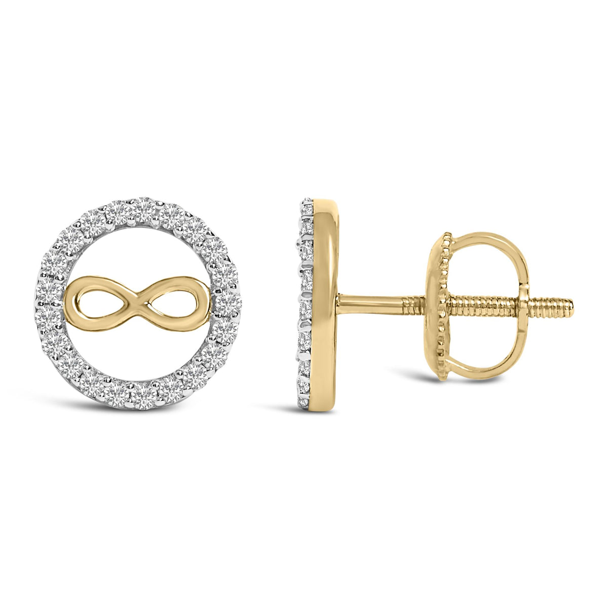 Close-up side angle of a yellow metal earring with an infinity shape center surrounded by a circular border of white round gemstones in prong settings, shown on a white background.