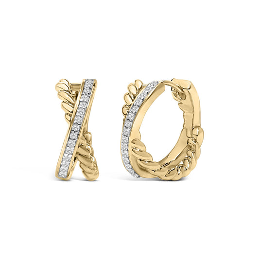 Close-up front angled view of a pair of yellow metal hoop earrings with a braided design along the outer edge and a row of round white gemstones set in a prong setting along the front.