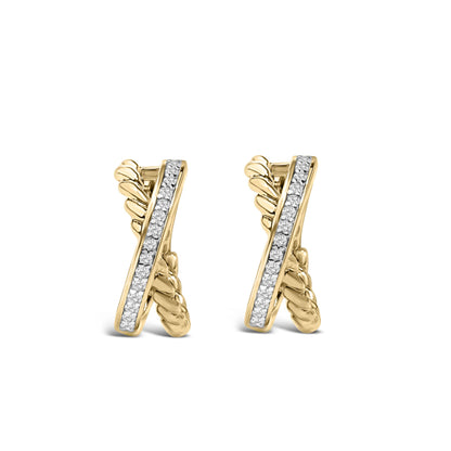 Close-up front view of a pair of yellow metal earrings featuring a diagonal row of round white gemstones in prong settings with a decorative twisted design on one side, shown on a white background.