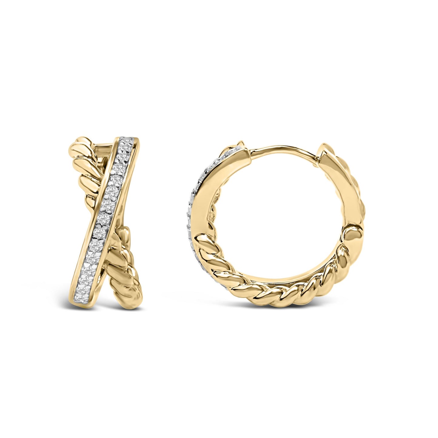 Close-up front angle of a pair of yellow hoop earrings with a twisted design and a row of round white gemstones set in prongs along the front.