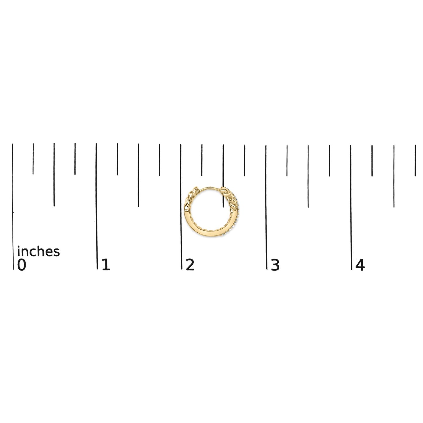 Close-up overhead view of a single yellow metal hoop earring with a twisted design and small white gemstones set in prongs along the outer edge, shown on a scale in inches.