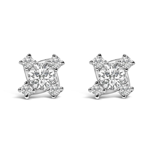 Pair of white metal stud earrings with a large round white gemstone in the center and four smaller round white gemstones at each corner, shown from a front angle on a white background.