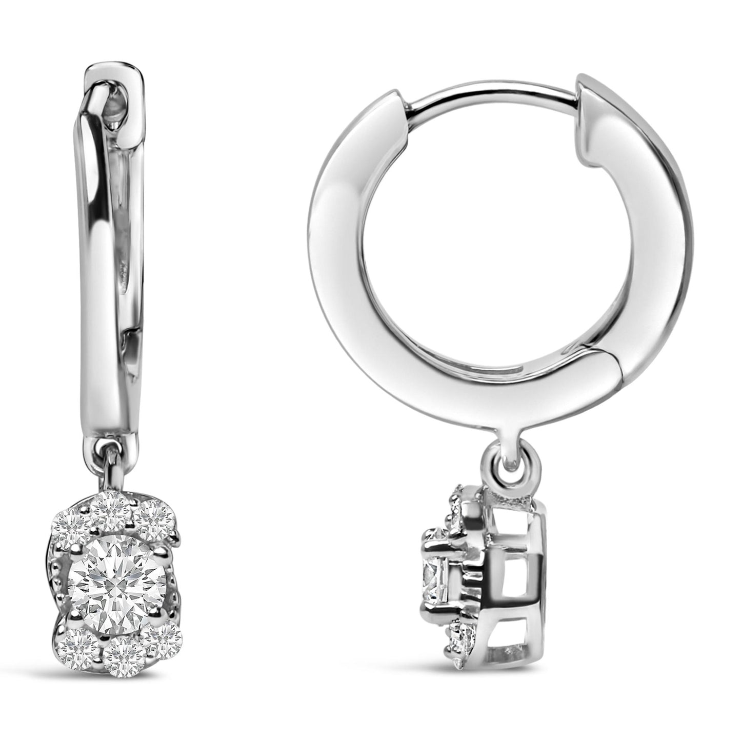 Close-up front and side views of white hoop earrings with a cluster of round white gemstones set in prongs hanging from each hoop.