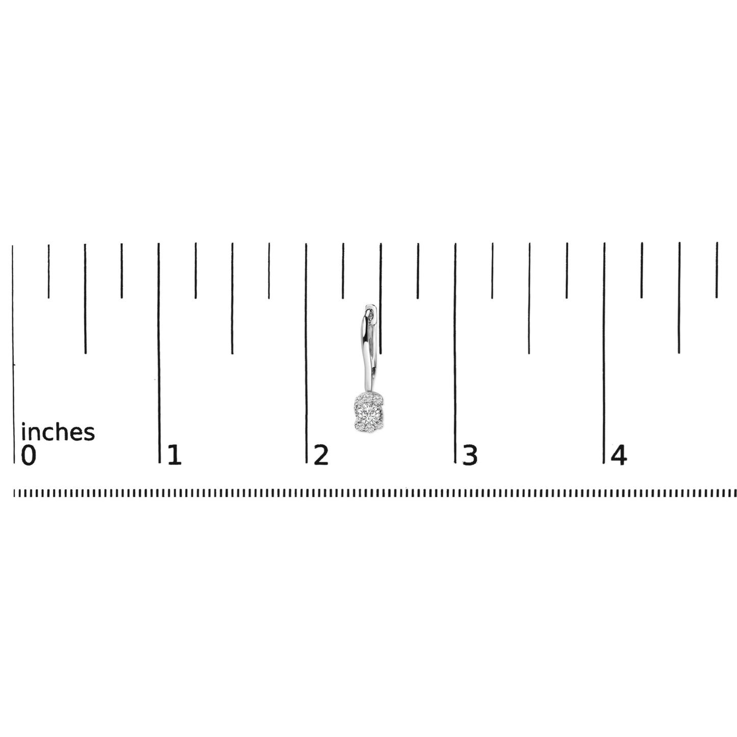 White metal dangle earring with multiple round white gemstones in prong settings, shown on a ruler scale from a front angle.