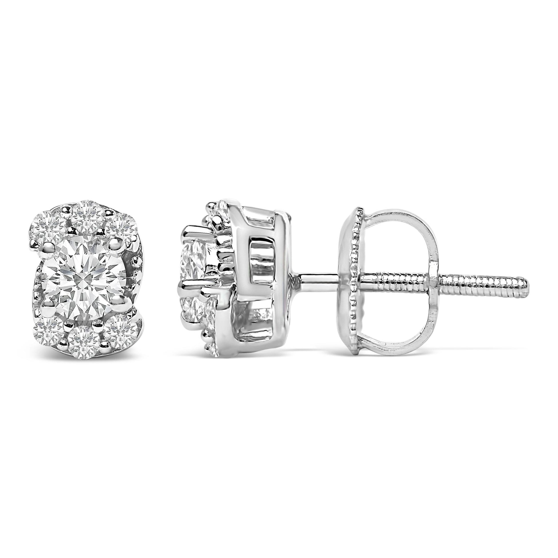Pair of white metal stud earrings shown from front and side angles, featuring a central round white gemstone surrounded by smaller round white gemstones in prong settings.