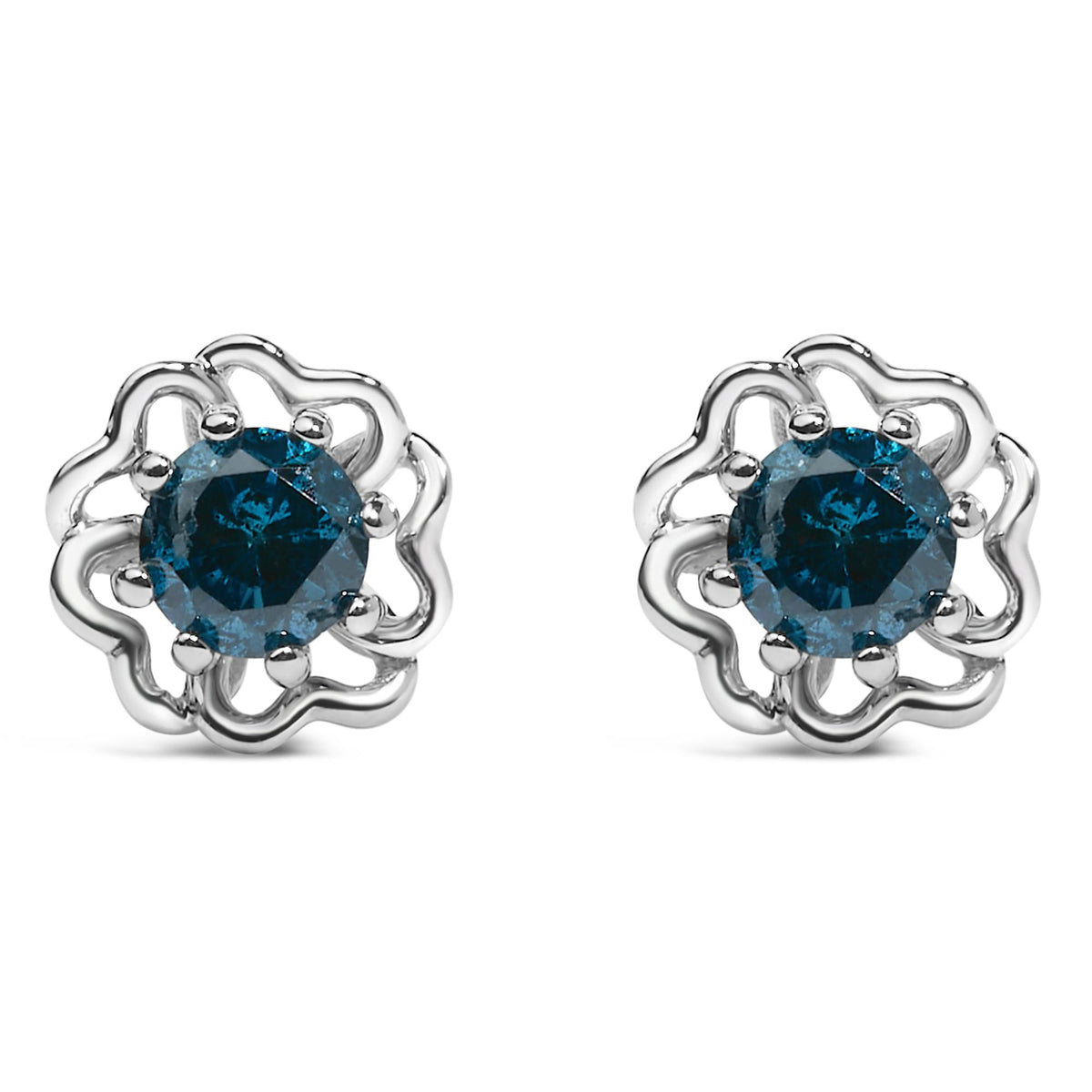 .925 Sterling Silver 1/2 Cttw Blue Diamond with Openwork Floral Halo Stud Earrings