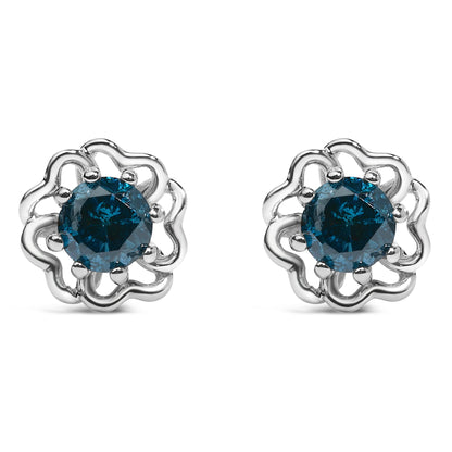 .925 Sterling Silver 1/2 Cttw Blue Diamond with Openwork Floral Halo Stud Earrings
