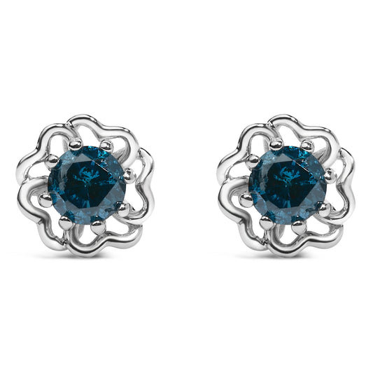 .925 Sterling Silver 1/2 Cttw Blue Diamond with Openwork Floral Halo Stud Earrings