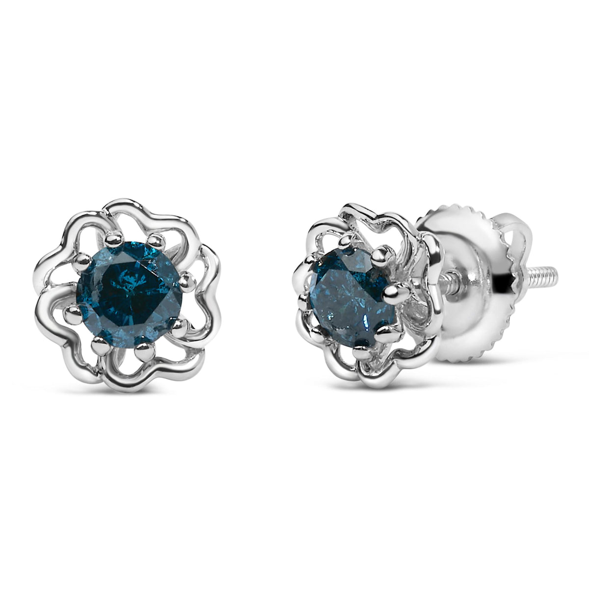 .925 Sterling Silver 1/2 Cttw Blue Diamond with Openwork Floral Halo Stud Earrings