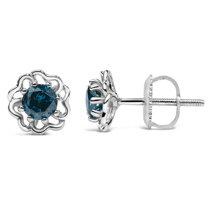 .925 Sterling Silver 1/2 Cttw Blue Diamond with Openwork Floral Halo Stud Earrings
