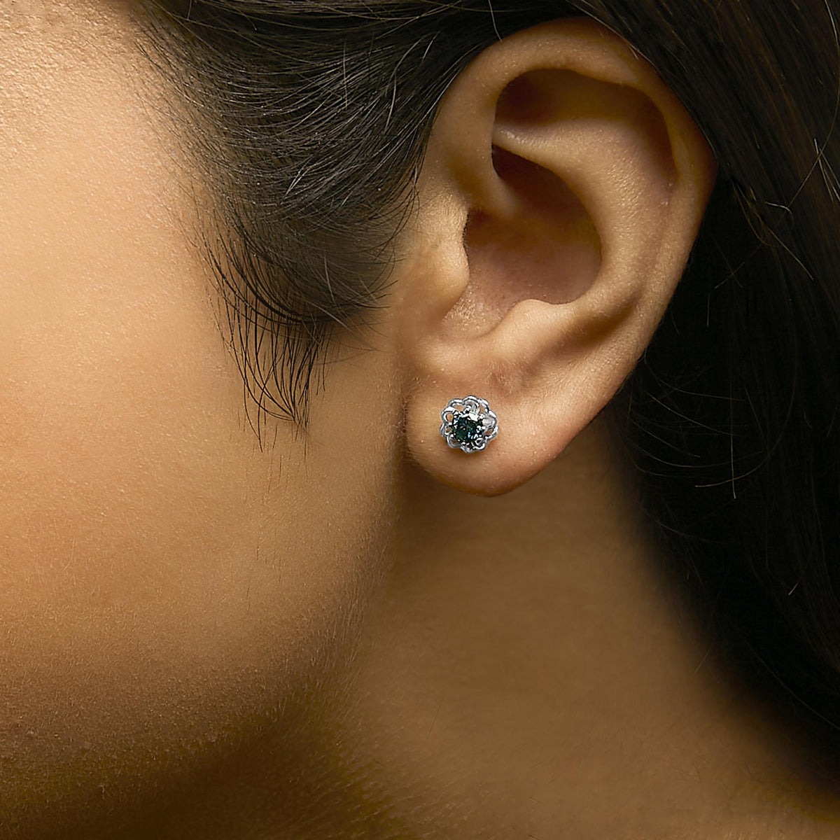 .925 Sterling Silver 1/2 Cttw Blue Diamond with Openwork Floral Halo Stud Earrings