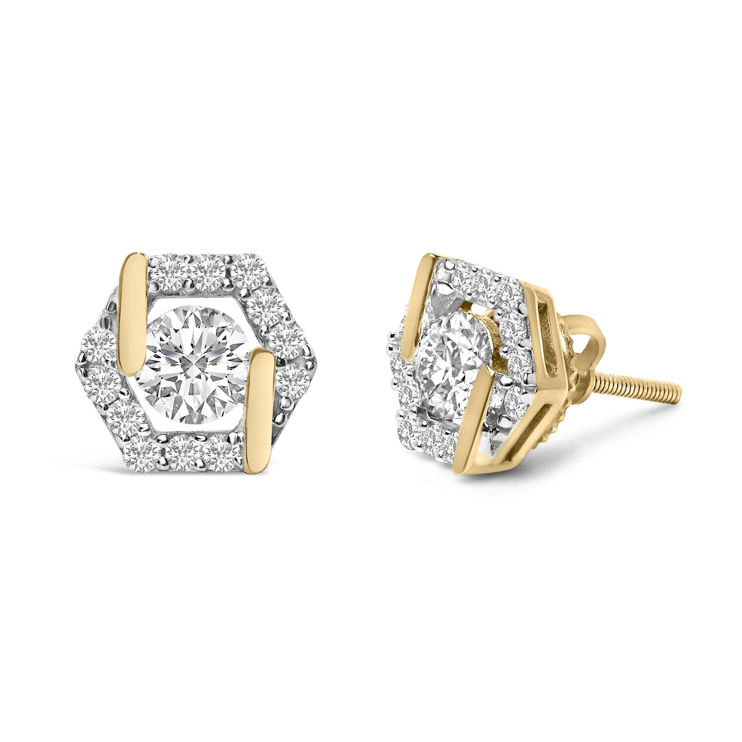 Pair of yellow metal hexagon-shaped stud earrings with a large round white gemstone in the center, surrounded by smaller round white gemstones, shown from front and side angles on a white background.