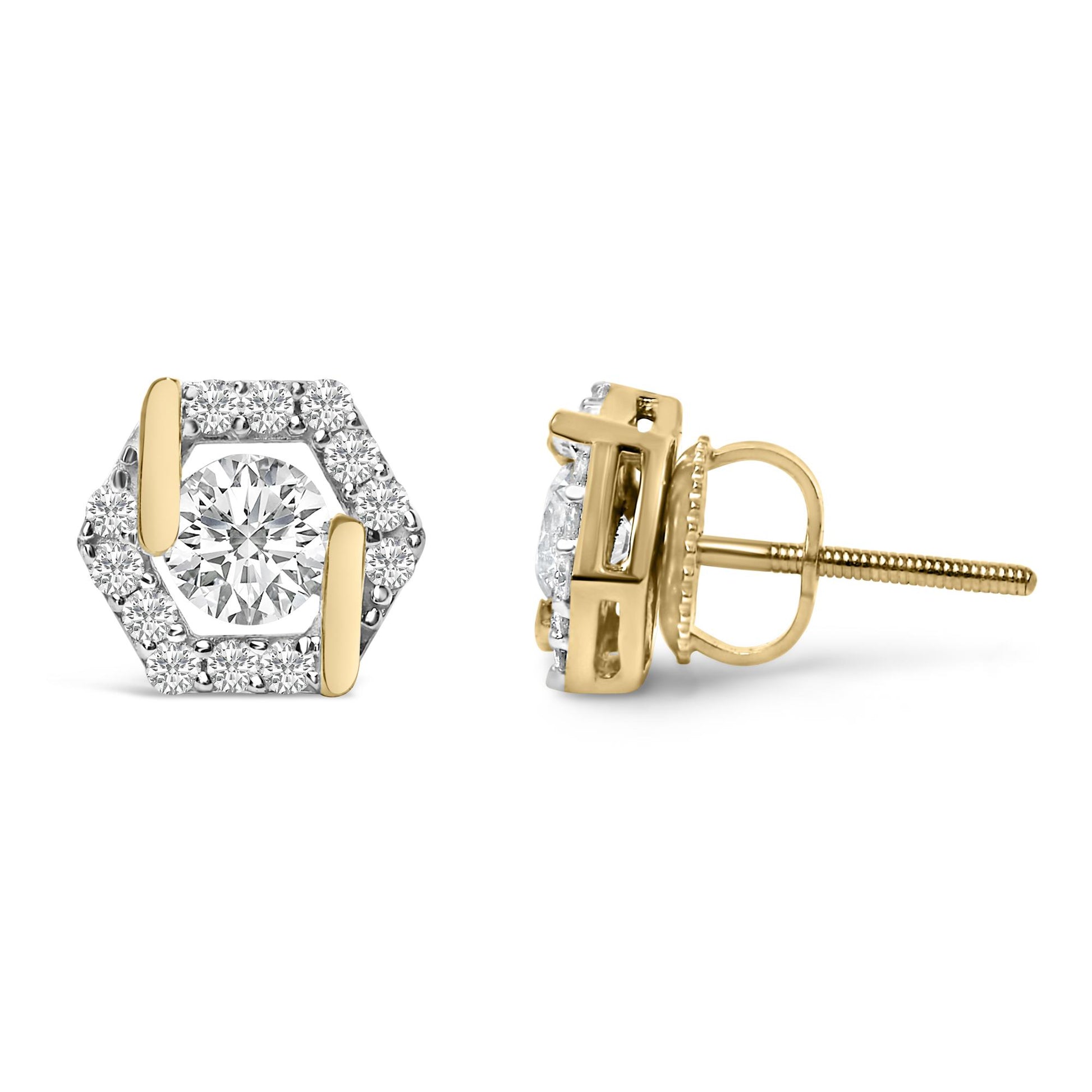 Pair of yellow metal hexagon-shaped stud earrings with a large round white gemstone center and smaller round white gemstones surrounding it, shown from front and side angles on a white background.