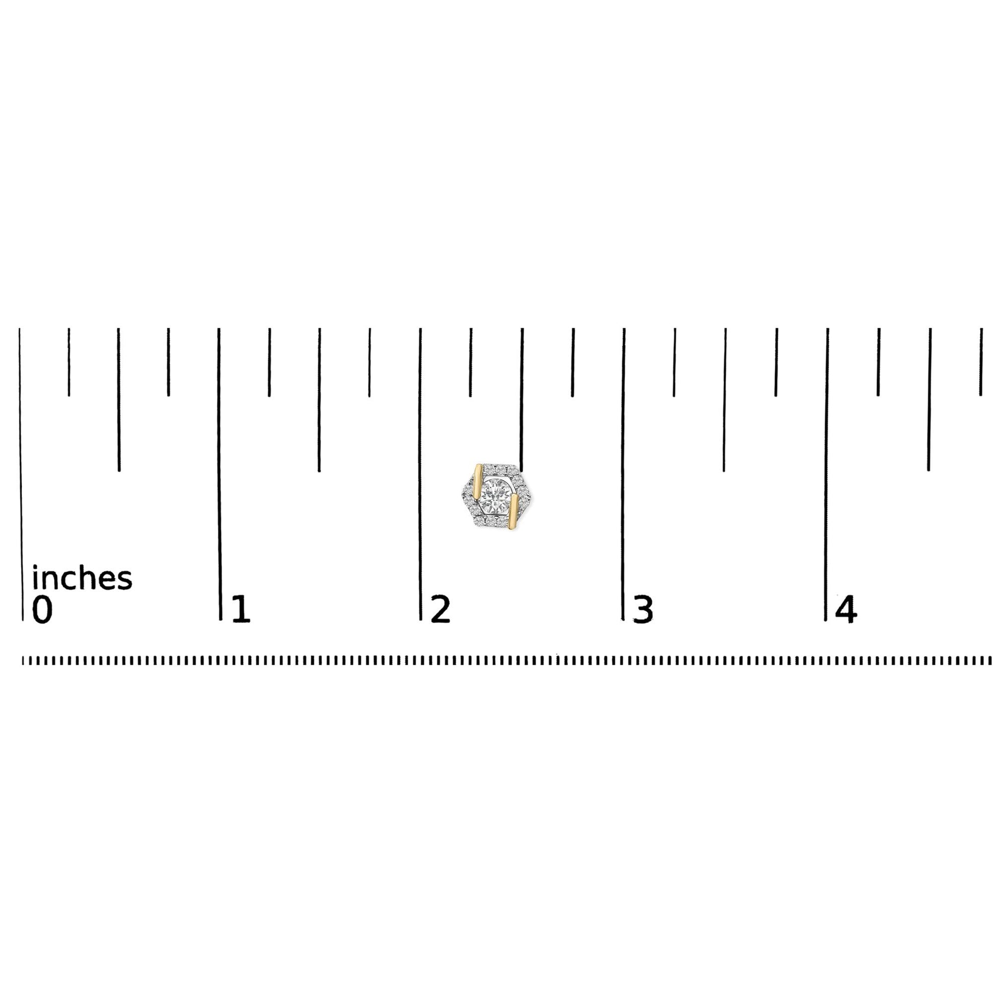 Yellow metal earring with a central round white gemstone held by two prongs, surrounded by smaller round white gemstones in a hexagonal shape, shown on a ruler scale from a top angle.