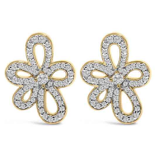 14K Yellow Gold Plated .925 Sterling Silver 1.0 Cttw Diamond Operwork Retro Floral Stud Earrings