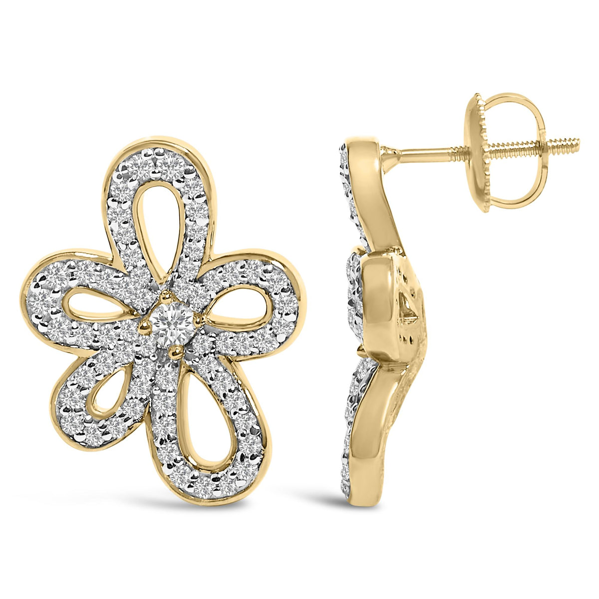 14K Yellow Gold Plated .925 Sterling Silver 1.0 Cttw Diamond Operwork Retro Floral Stud Earrings