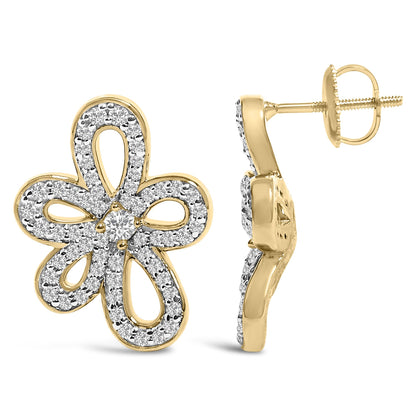 14K Yellow Gold Plated .925 Sterling Silver 1.0 Cttw Diamond Operwork Retro Floral Stud Earrings