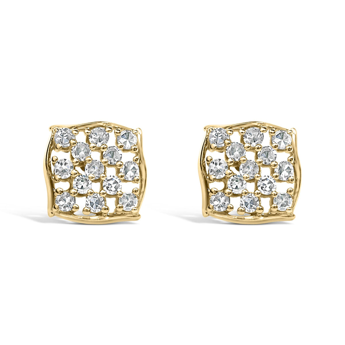 14K Yellow Gold Plated .925 Sterling Silver 1/6 Cttw Diamond Openwork Checkerboard Stud Earrings