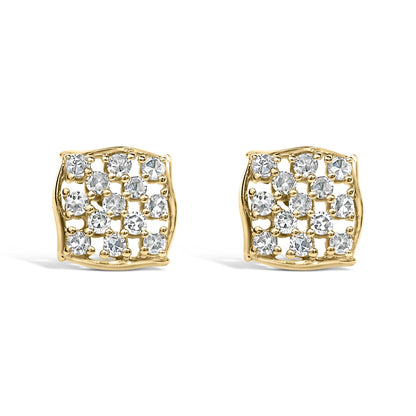 14K Yellow Gold Plated .925 Sterling Silver 1/6 Cttw Diamond Openwork Checkerboard Stud Earrings