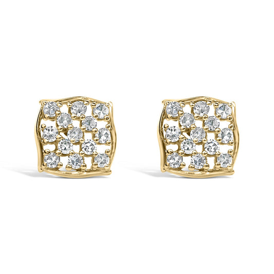14K Yellow Gold Plated .925 Sterling Silver 1/6 Cttw Diamond Openwork Checkerboard Stud Earrings