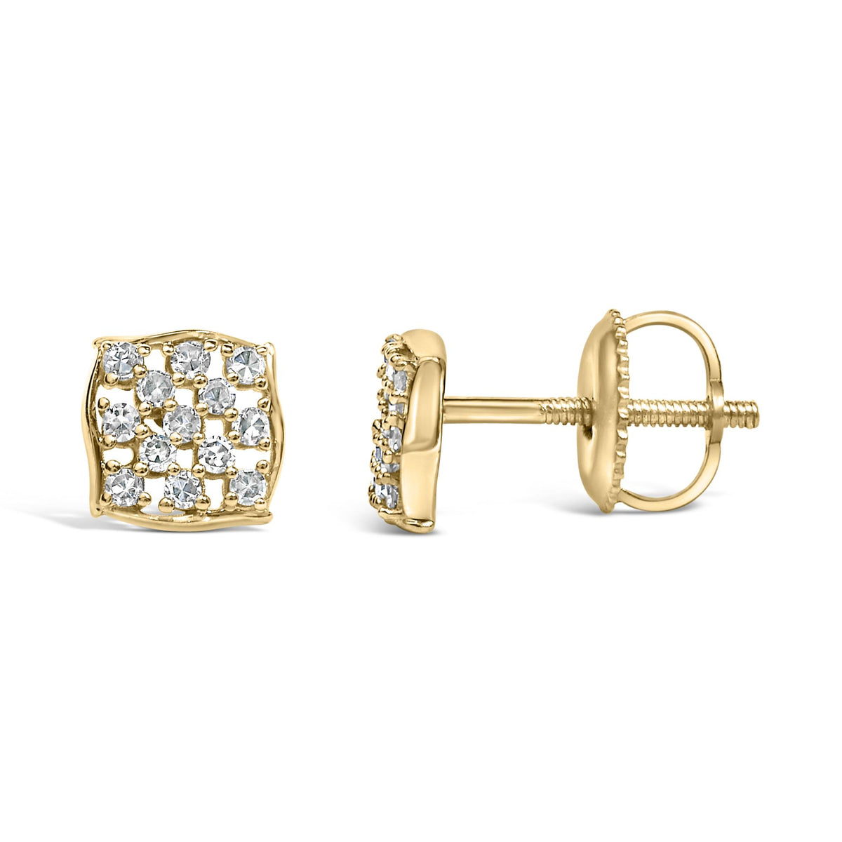 14K Yellow Gold Plated .925 Sterling Silver 1/6 Cttw Diamond Openwork Checkerboard Stud Earrings