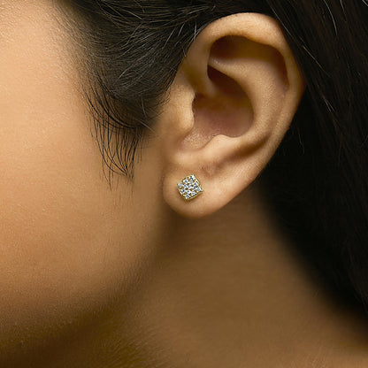 14K Yellow Gold Plated .925 Sterling Silver 1/6 Cttw Diamond Openwork Checkerboard Stud Earrings