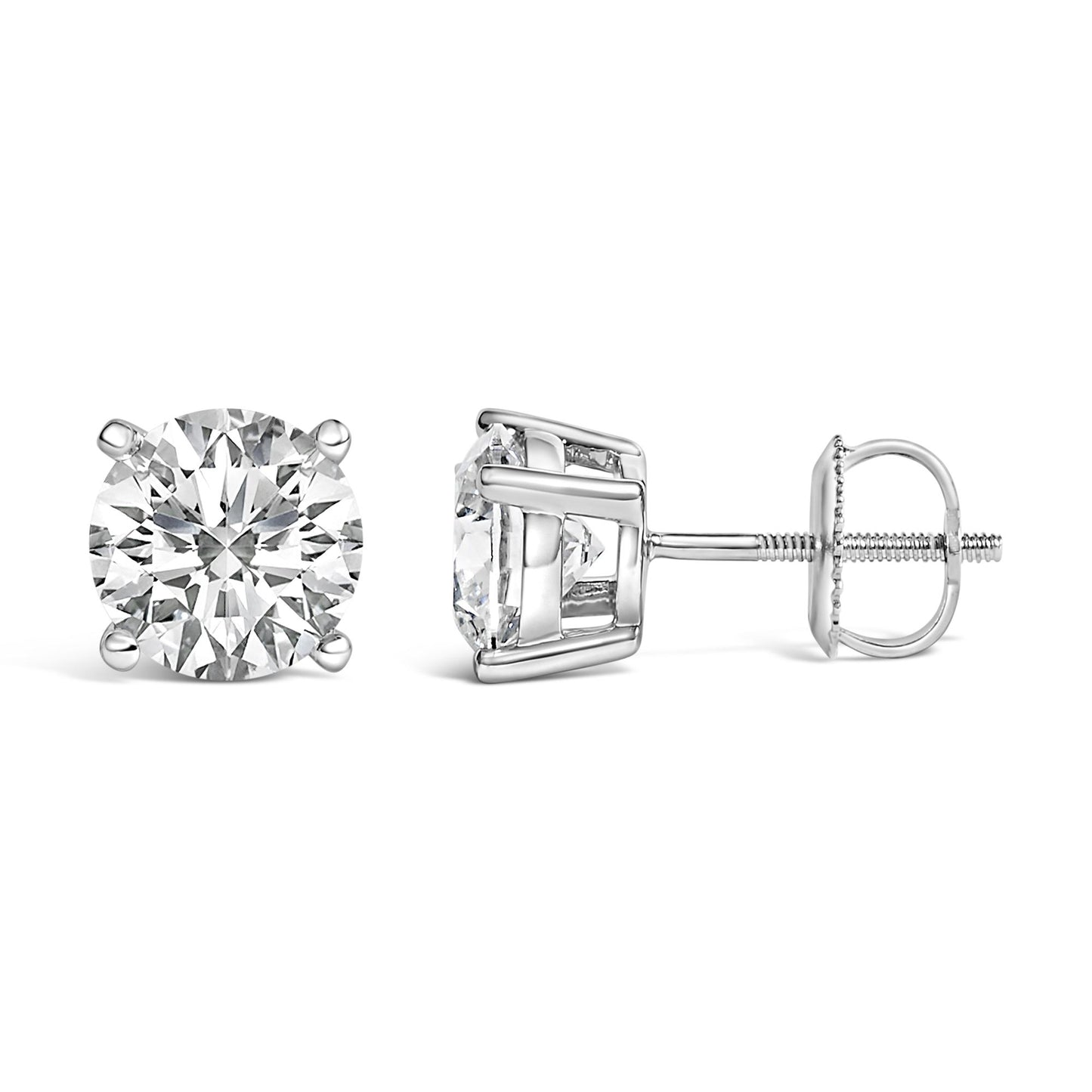 Pair of white metal stud earrings with round white gemstones in 4-prong settings, shown side and front angles on a white background.